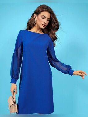 St. Sweet RM  Women Shift Dress Large Blue Sheer Long Sleeve Night Out Formal